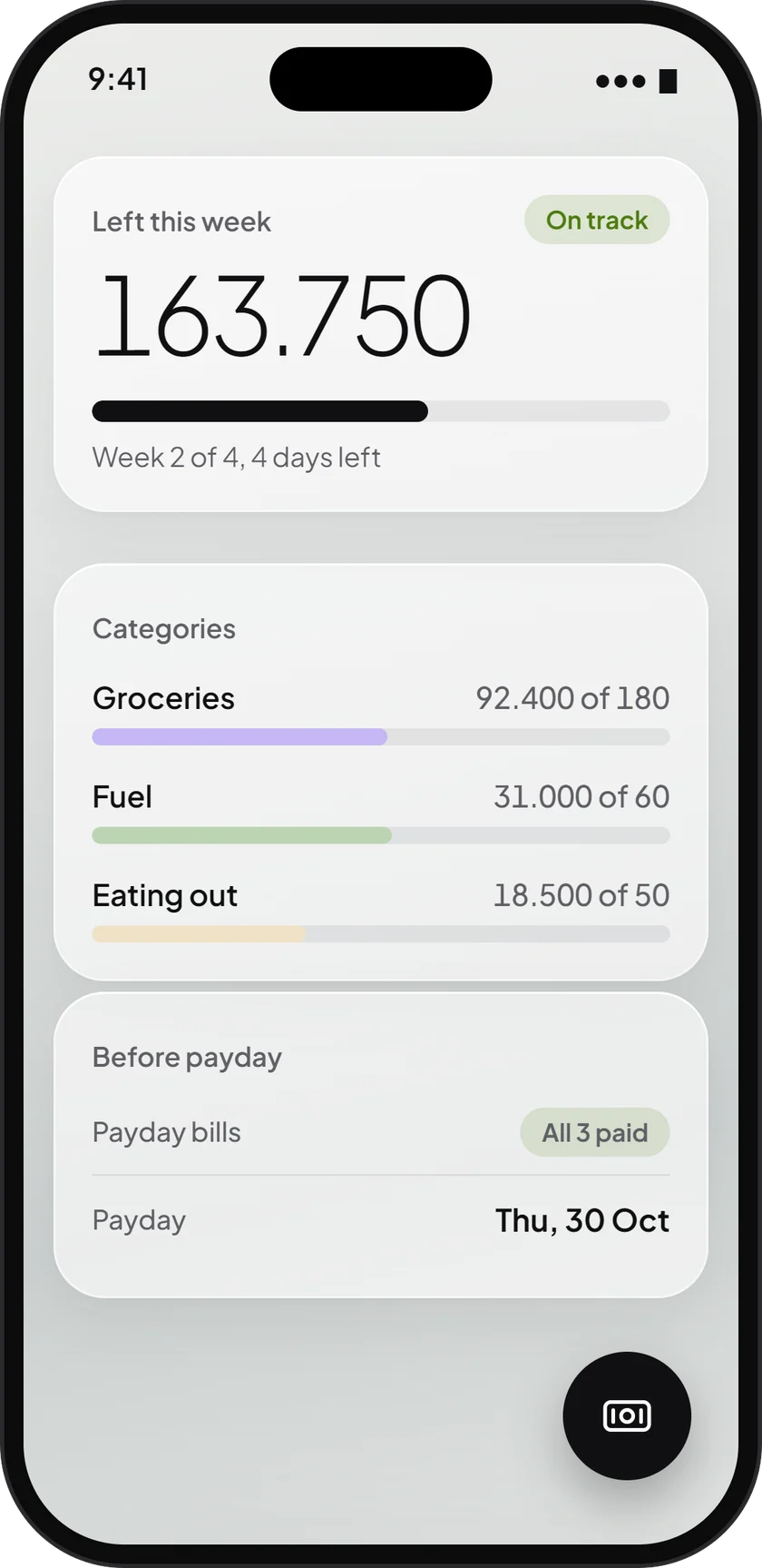 Findure home screen: 163.75 left this week, on track, with groceries, fuel and eating out below